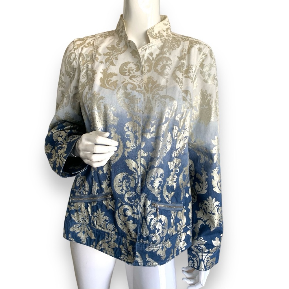 CHICO’S SILVER/BLUE/WHITE FOIL OMBRÉ COTTON JACKET. CHICO’S WOMEN’s SIZE 2